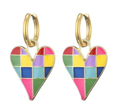 Colourful Love Heart Enamel Pendant Stainless Steel Hoop Earrings Multi Colour