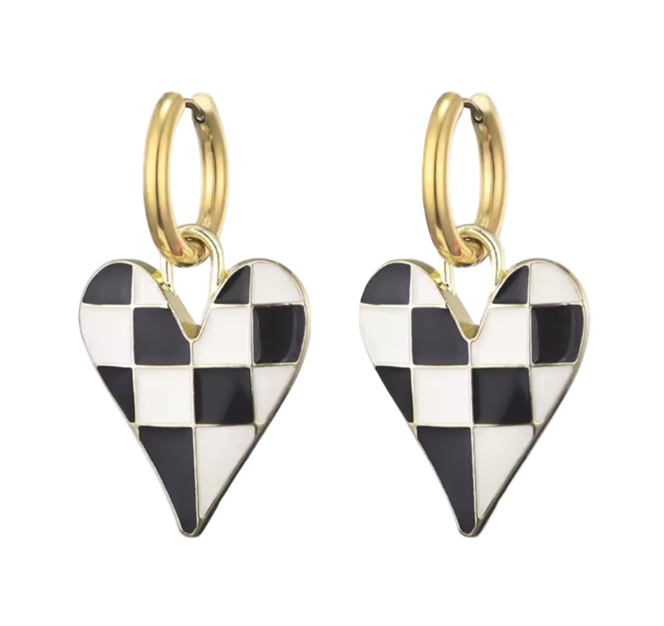 Colorful Love Heart Enamel Pendant Stainless Steel Hoop Earrings Black And White