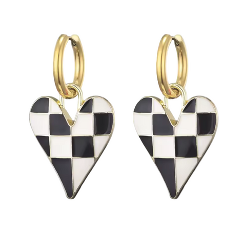 Colorful Love Heart Enamel Pendant Stainless Steel Hoop Earrings Black And White