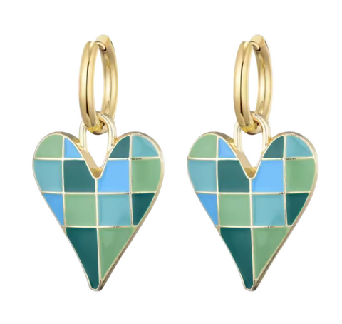 Colourful Love Heart Enamel Pendant Stainless Steel Hoop Earrings Green And Blue