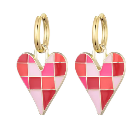 Colourful Love Heart Enamel Pendant Stainless Steel Hoop Earrings Pink And Red