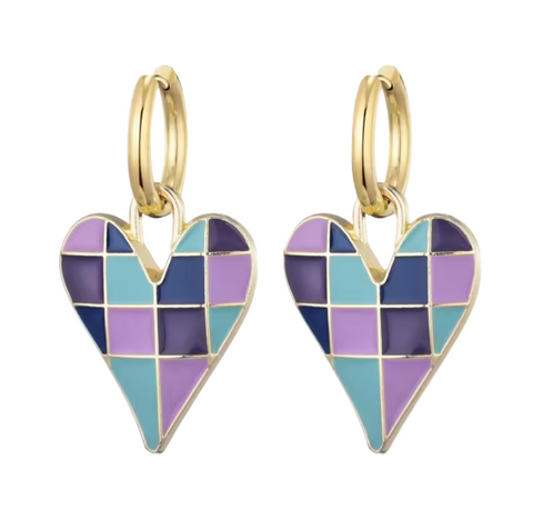 Colorful Love Heart Enamel Pendant Stainless Steel Hoop Earrings Lilac