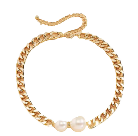 Stainless Steel Chunky Curb Design Choker Chain With Pearl Beads Gold