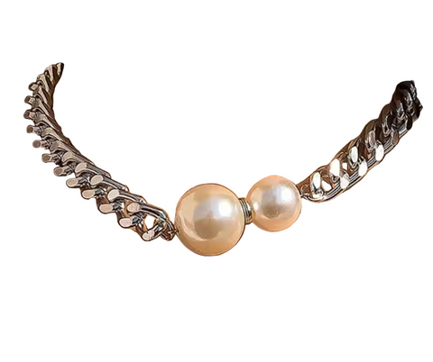 Stainless Steel Chunky Curb Design Choker Chain With Pearl Beads Silver