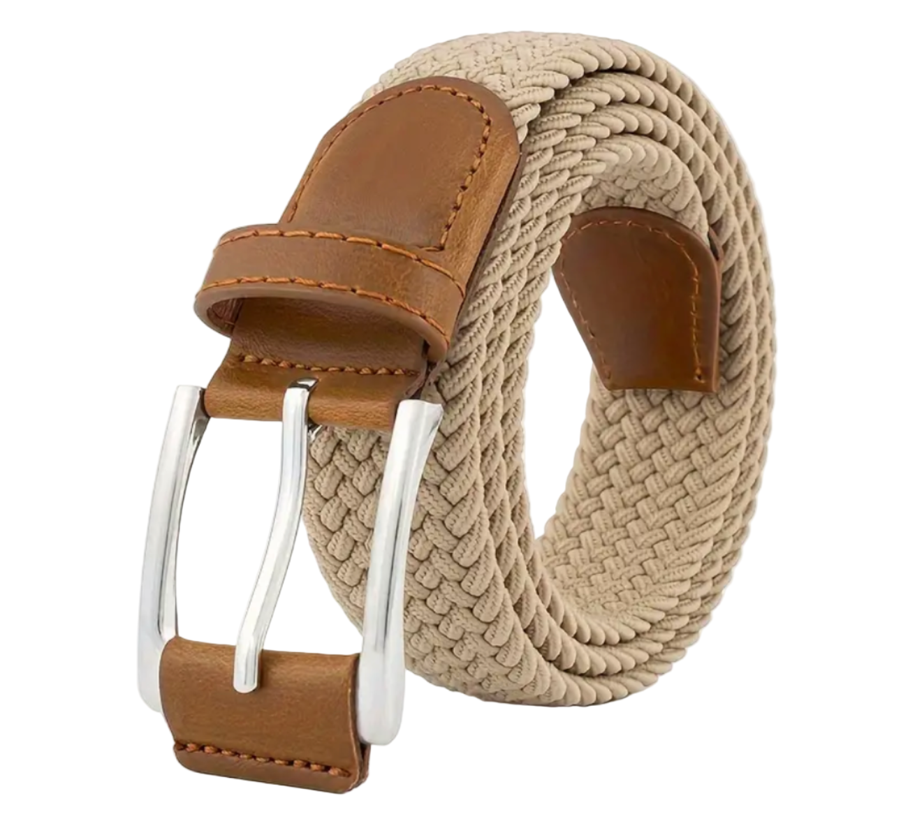 Unisex Elastic Stretch Mesh Belt Beige With Brown Trim 120cm