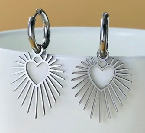 Stainless Steel Sun Heart Shape Hoop Earrings Silver