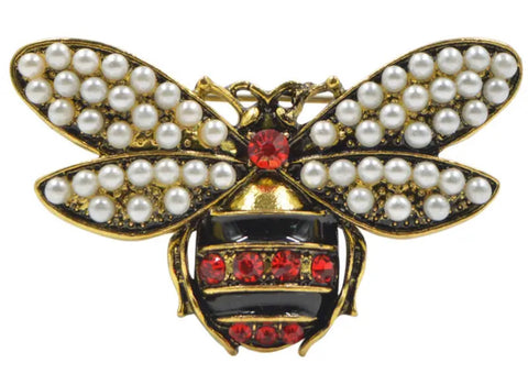 Bee With pearl Wings And Red Rhinestones Gold Metal