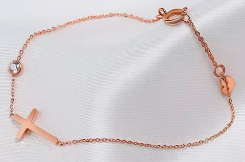 Dainty Chain And Small Cross With Cubic Zirconia Stone Bracelet Rose Gold