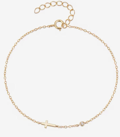 Dainty Chain And Small Cross With Cubic Zirconia Stone Bracelet Gold