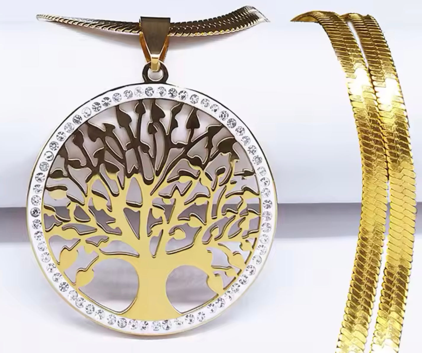 Stainless Steel Tree Of Life Pendant Gold With Crystal Surround And Herringbone Chain Gold