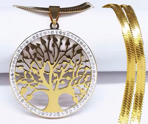 Stainless Steel Tree Of Life 'Pendant With Crystal Surround And Herringbone Chain Silver