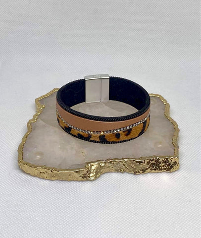 Leopard Print and Crystal Magnetic Clasp Bracelet Rose Gold