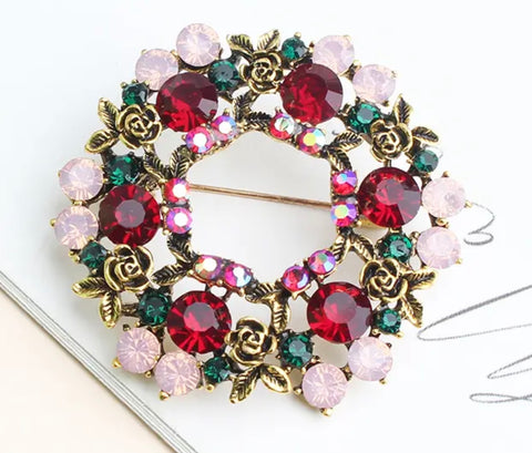 Maroon And Pink Crystal Round Brooch Gold
