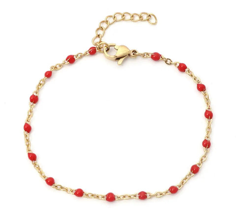 Stainless Steel Gold Beaded Chain Bracelet Red