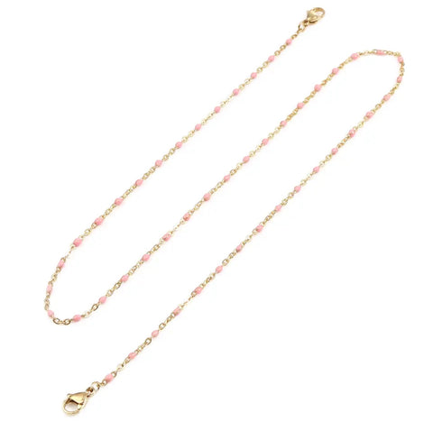 Stainless Steel Gold Necklace With Beads Pink