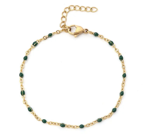 Stainless Steel Gold Beaded Chain Bracelet Green