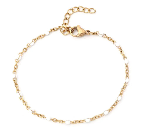 Stainless Steel Gold Beaded Chain Bracelet White