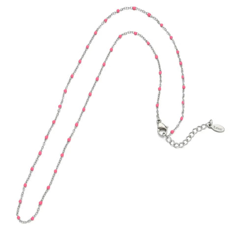 Stainless Steel Silver Necklace  With Beads Hot Pink