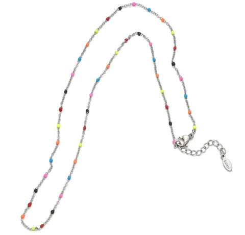 Stainless Steel Silver Necklace With Beads Fluro Colours