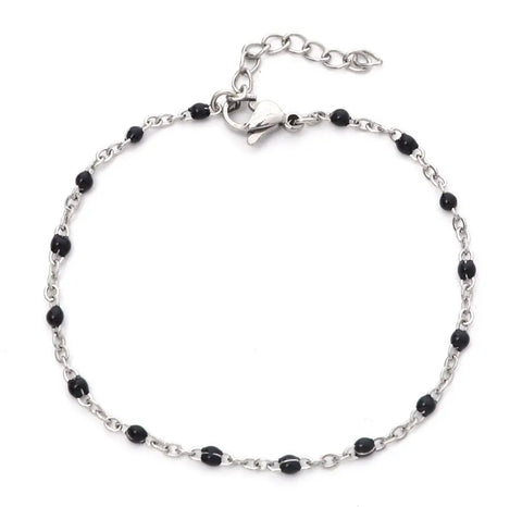 Stainless Steel Silver Beaded Chain Bracelet Black