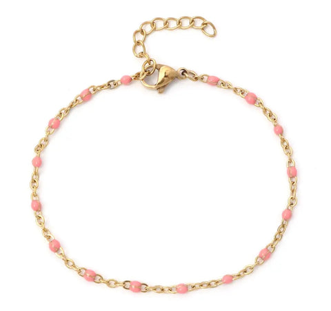 Stainless Steel Gold Beaded Chain Bracelet Pink
