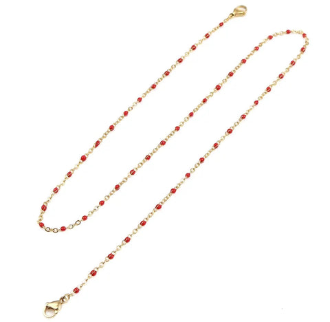 Stainless Steel Gold Necklace With Beads Red