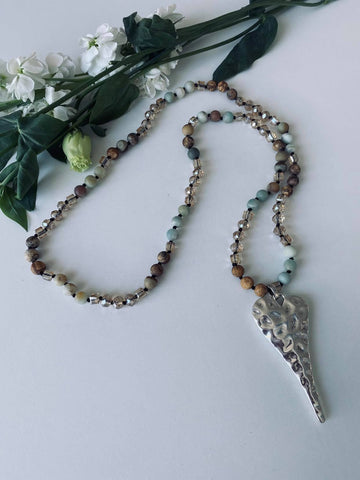 Ceramic And Crystal Beaded Necklace With Silver Heart Pendant
