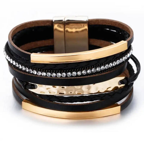 Multilayer Bracelet Gold Metal Bars With Crystal Black