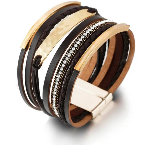 Multilayer Bracelet Gold Metal Bars With Crystal Black