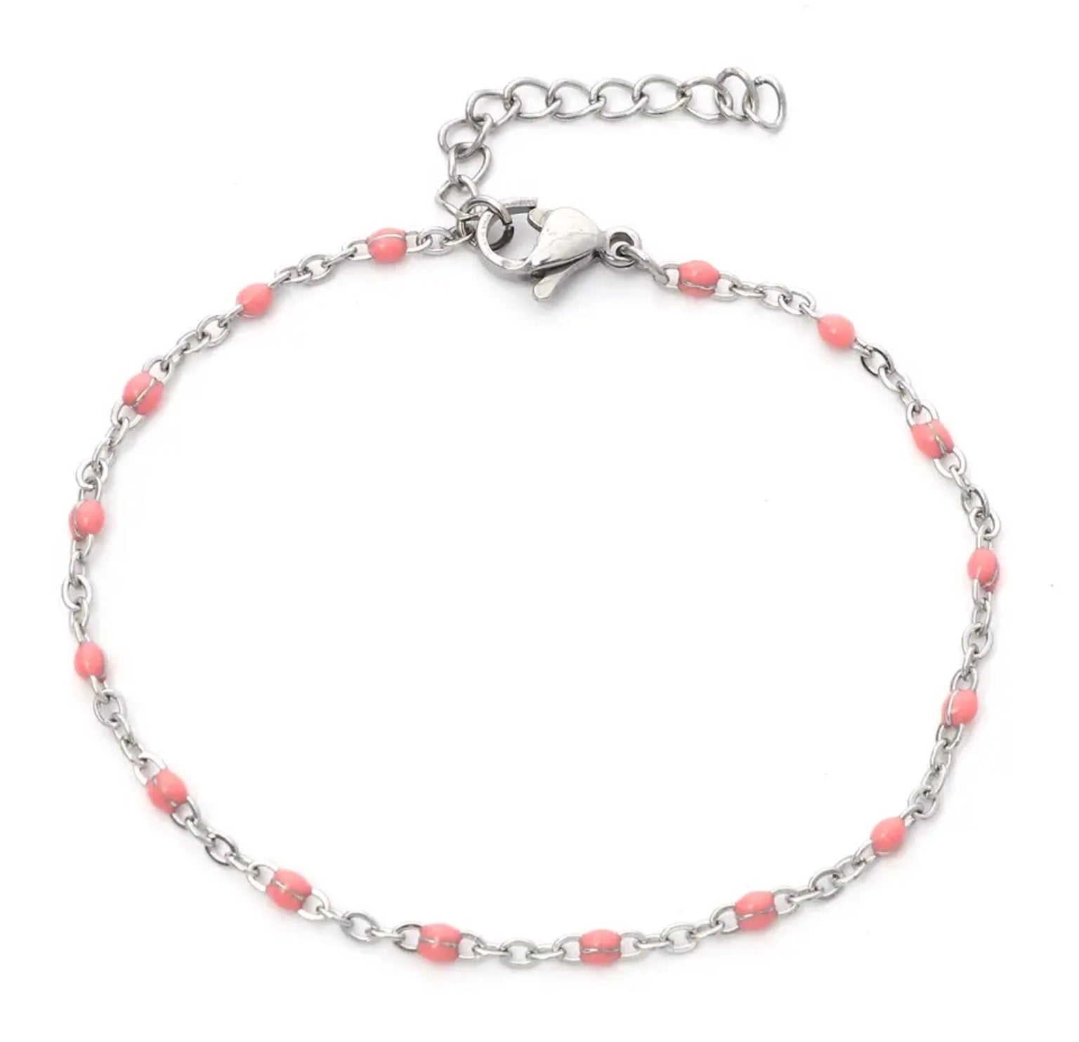 Stainless Steel Silver Beaded Chain Bracelet  Light Pink