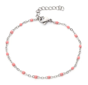Stainless Steel Silver Beaded Chain Bracelet  Light Pink