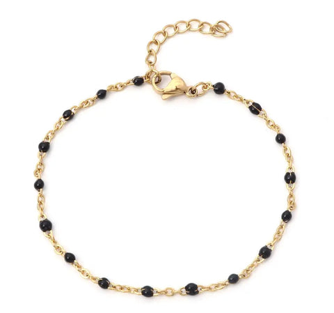 Stainless Steel Gold Beaded Chain Bracelet Black