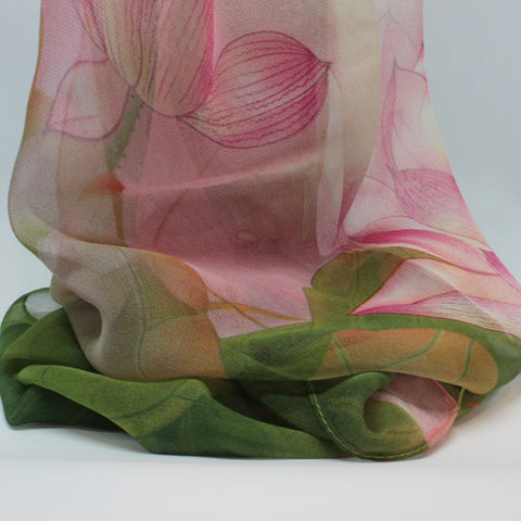 Chiffon Lotus Print Long Scarfe Pink and Green