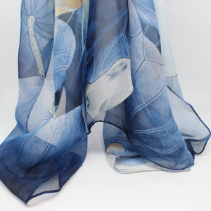 Chiffon Lotus Print Long Scarfe Blue