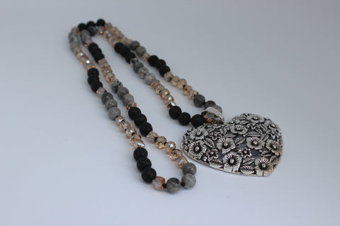 Black Ceramic And Crystal Beaded Necklace With Silver Heart Pendant