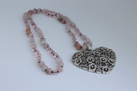 Pink Ceramic And Crystal Beaded Necklace With Silver Heart Pendant