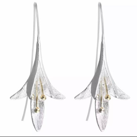 Drop Flower Long Needle Tassel Earring Silver